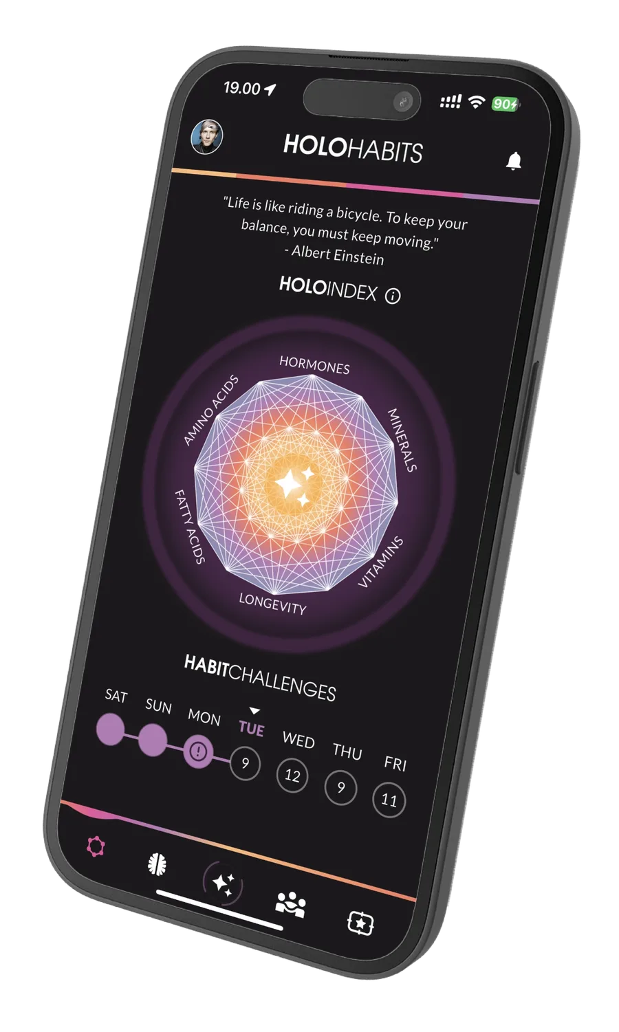 The Holohabits app showing the HoloIndex biomarker wheel and this week's habit challenges